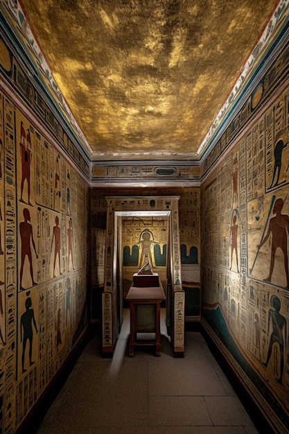 A room with a ceiling that has a gold ceiling with pictures of egyptian gods on it.
