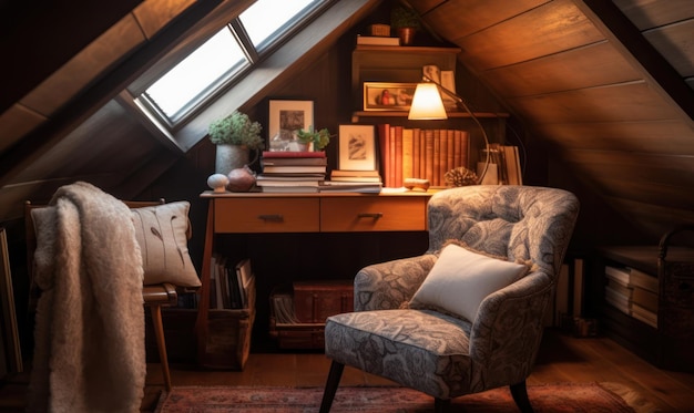 A room with a chair and a book on a desk.