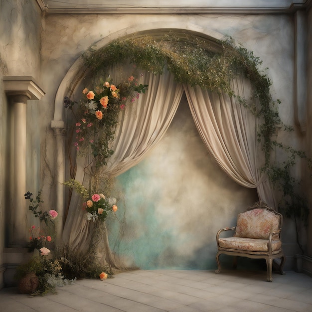 A room with a chair and a curtain that says roses