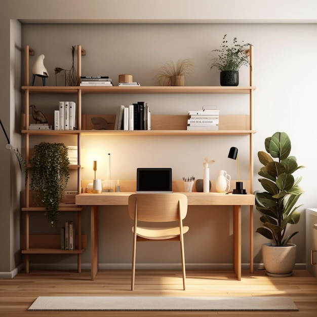 a room with a chair and a desk with a plant on it