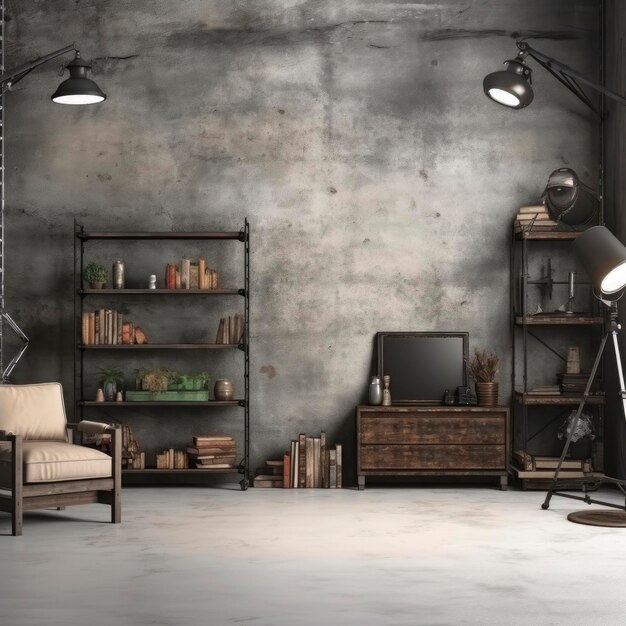 Photo a room with a chair a lamp a book shelf and a television