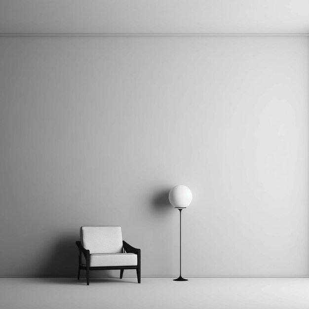 a room with a chair and a lamp on the floor