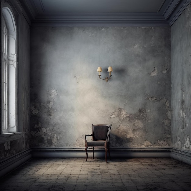 A room with a chair and a lamp on the wall