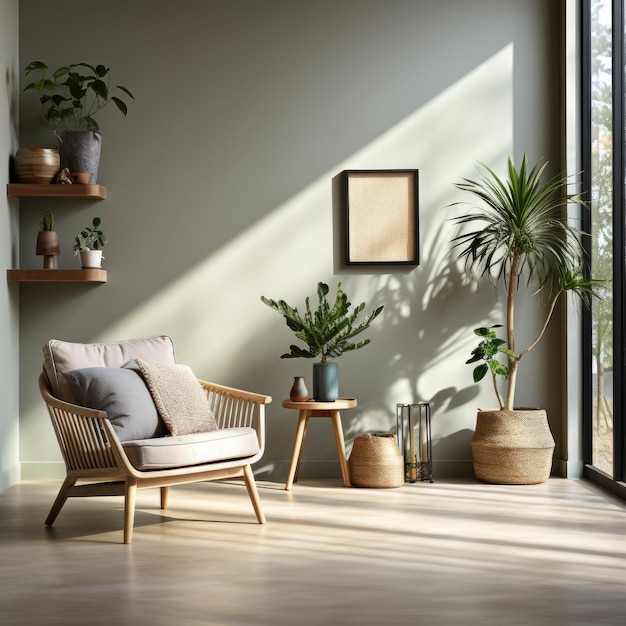 a room with a chair and plants on the wall