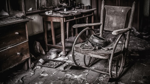 A room with a chair and a table covered in debris.