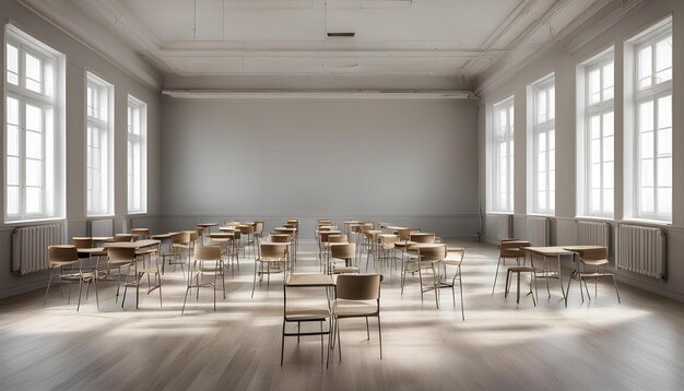 Photo a room with chairs and a large window with the sun shining through the windows