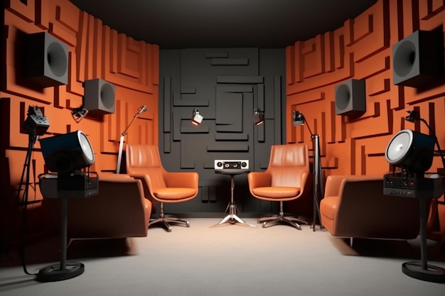 Photo a room with chairs and a speaker in the middle of it