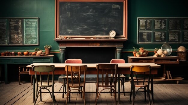 a room with a chalkboard and chairs with a chalkboard on the wall