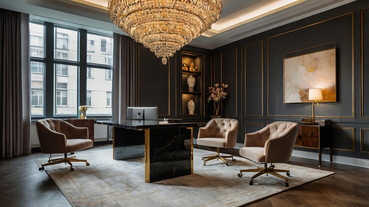 Photo a room with a chandelier and chairs and a desk with a large chandelier hanging from the ceiling