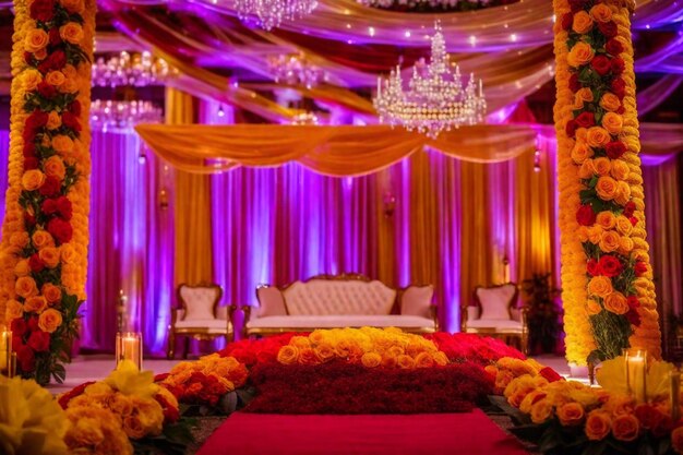 a room with a chandelier and a chandelier with flowers on the floor