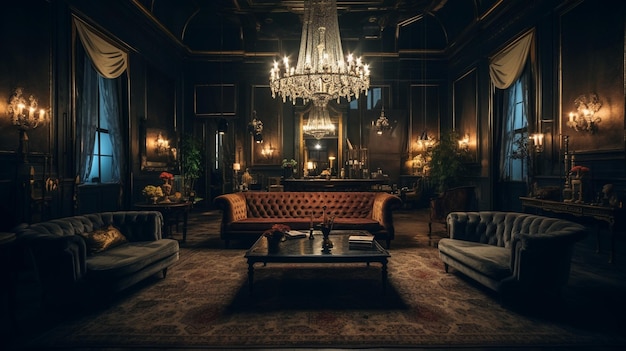 A room with a chandelier and a couch in the middle of it