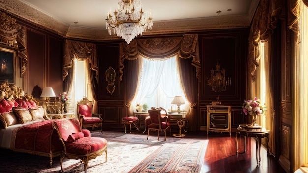 A room with a chandelier and a couch with red pillows and a chandelier.