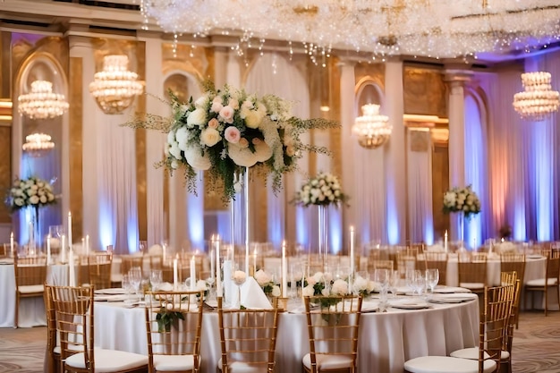 Photo a room with a chandelier and flowers on the table