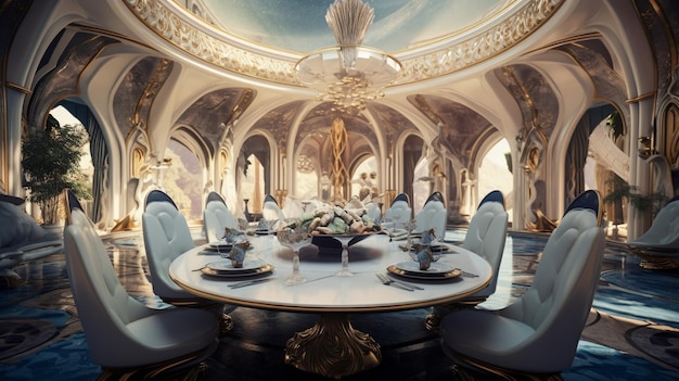 A room with a chandelier and a table with chairs and a chandelier