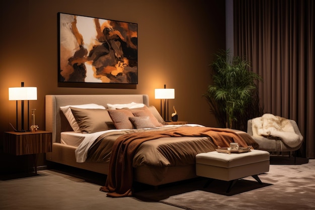 Photo a room with a chic interior design featuring a spacious bed positioned next to a wall painted in a warm shade of brown