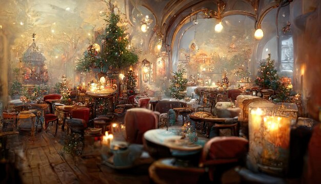 a room with a christmas tree and a table with a table with a candle on it