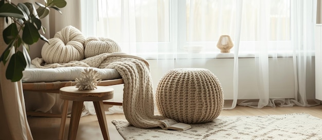 Room with chunky knit blanket cushion pouf and bench for interior design