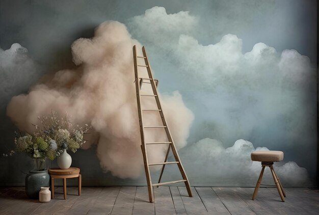 Photo a room with clouds a ladder and a stool