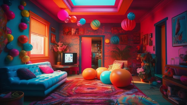 A room with a colorful room and a colorful ceiling with colorful balloons.