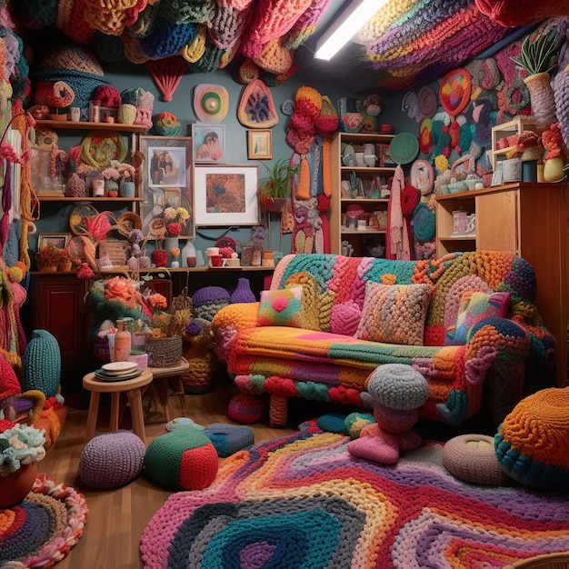 a room with a colorful rug and a colorful wallpaper.