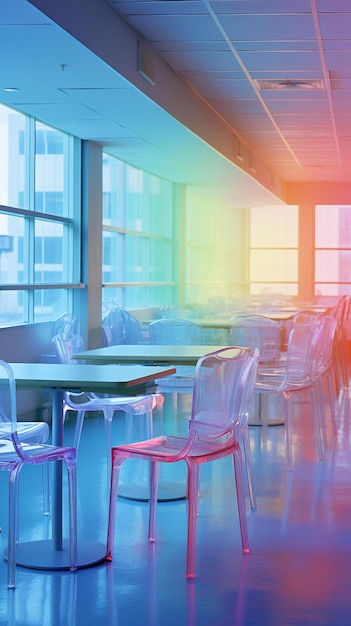 A room with a colorful wall and chairs and a window with a view of the city.