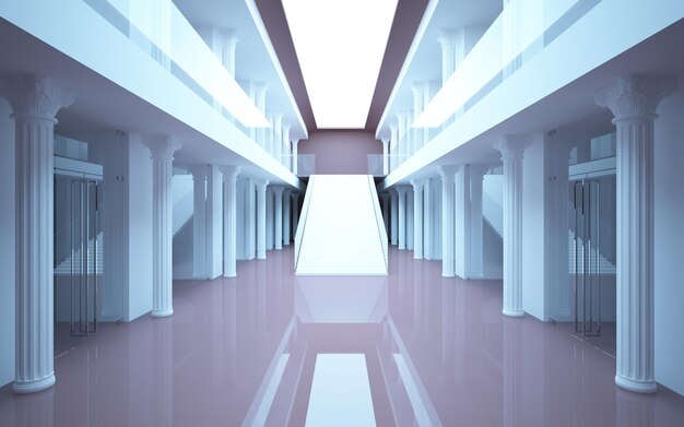 a room with columns and a light on the ceiling
