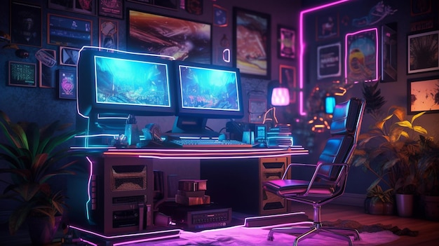 A room with a computer and a chair that says game on it