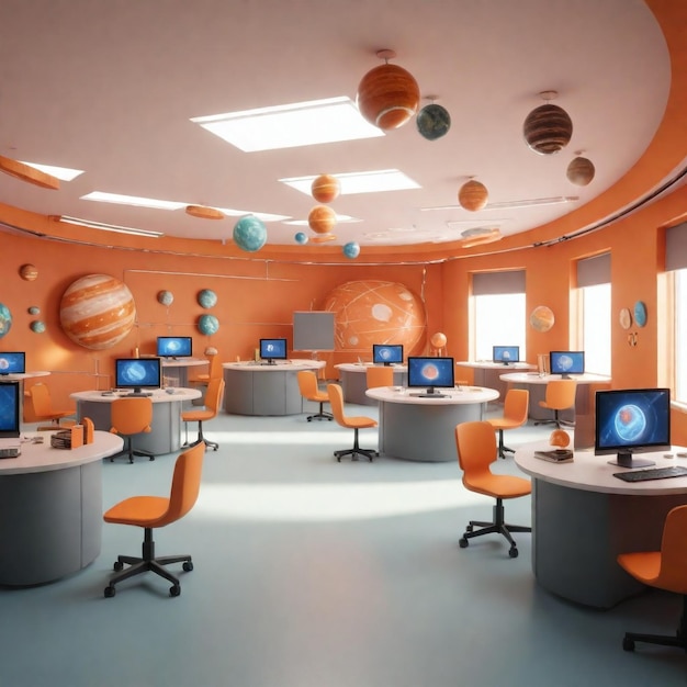 a room with a computer and a computer screen with the words planets on it