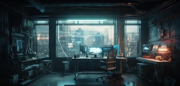 A room with a computer desk and a large window that says'cyberpunk'on it