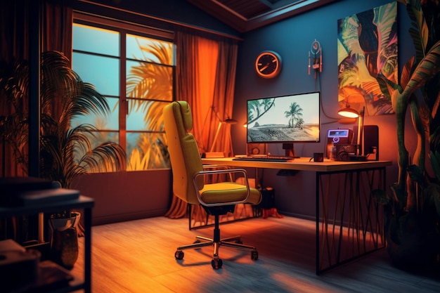 A room with a computer and a desk with a chair and a palm tree on the wall.