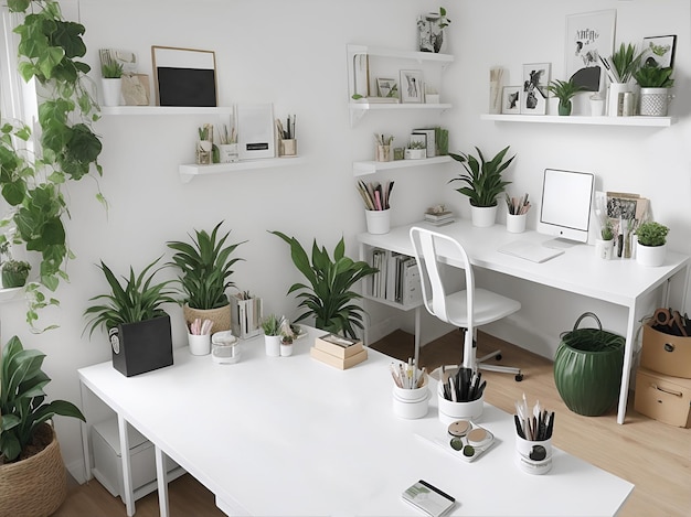 A room with a computer desks shelves and green plants and wooden floor