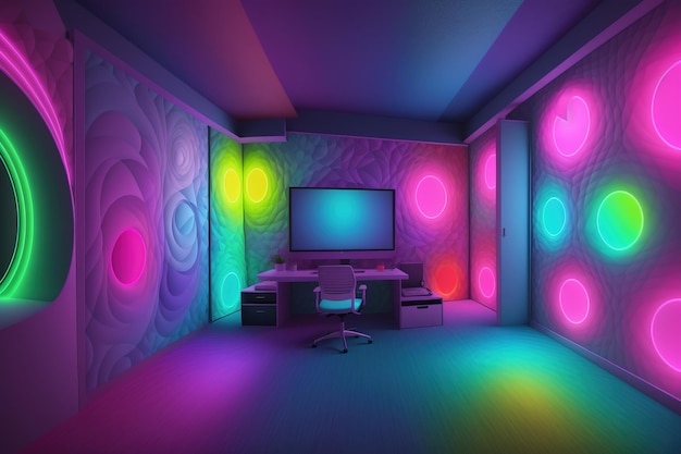 A room with a computer and a light on it