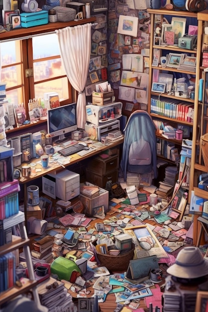 A room with a computer and a lot of books on the floor