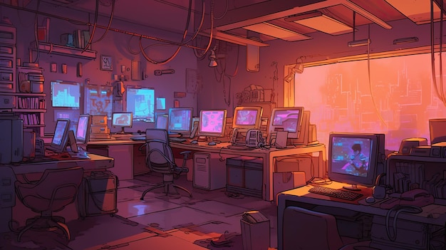 コンピューターと「ゲーム・オブ・スローンズ」と書かれた看板のある部屋
