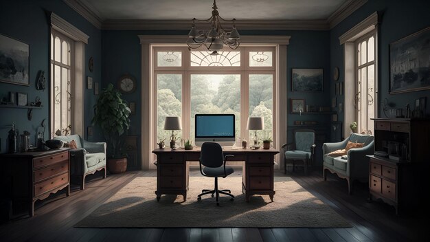 a room with a computer and a window background