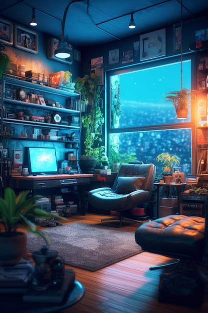 A room with a computer and a window with plants on it