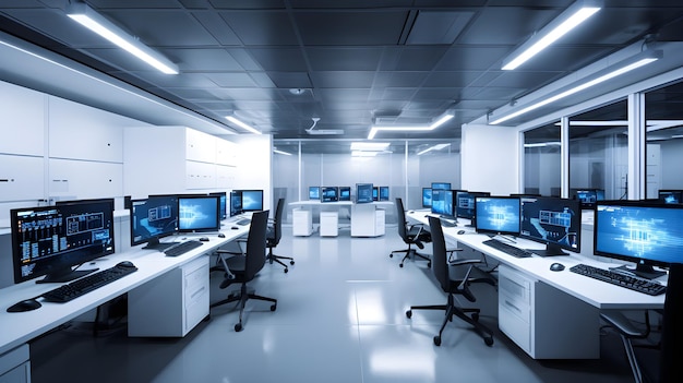 A room with computers and a white table with black chairs.