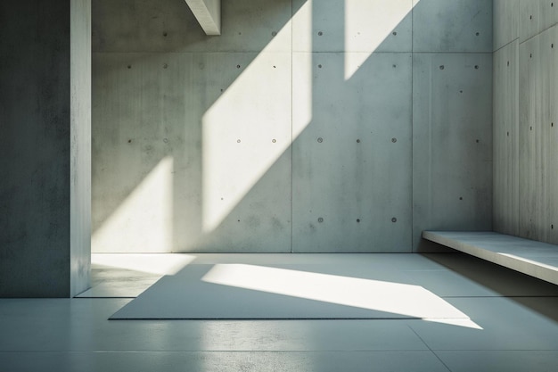 a room with concrete walls and a bench