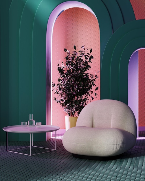 room with contemporary design with colorful arhces with cove neon lighting armchairs with coffee table 3d rendering