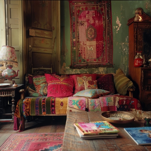 a room with a couch a book and a lamp on the table