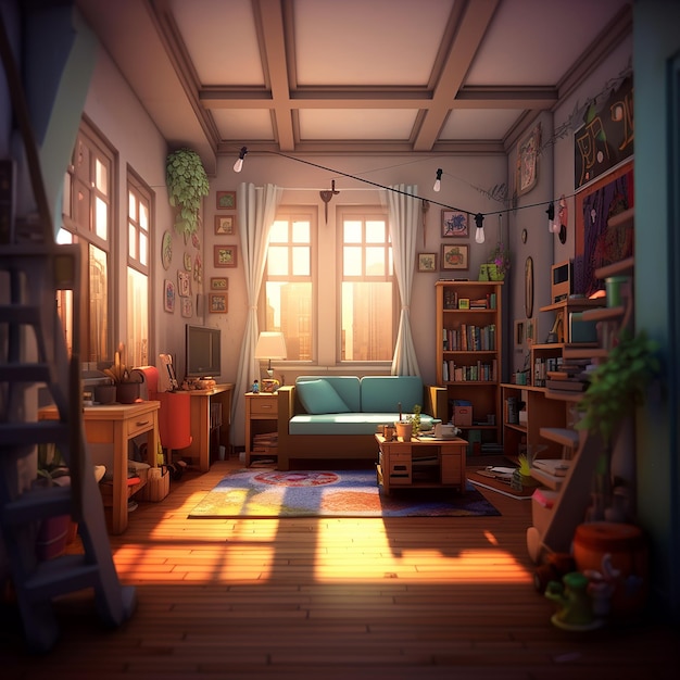 소파를 가진 방, 책장을 가진 방, 그리고 그 위에 "식물 인용"이라는 커튼을 가진 창문