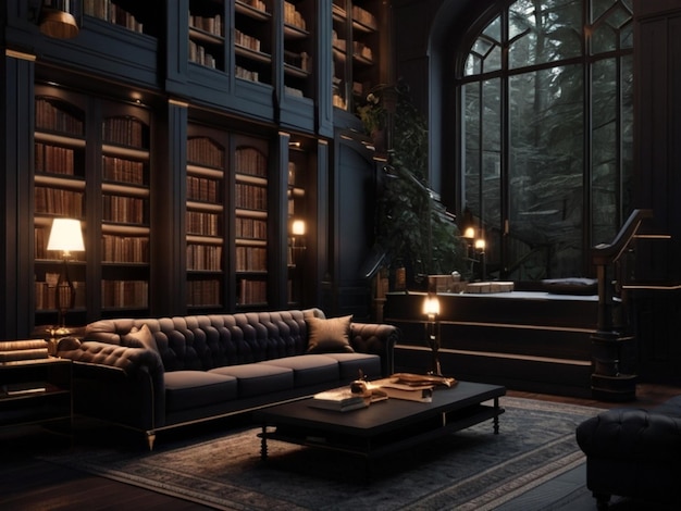 a room with a couch and a bookcase with a bookcase in the background