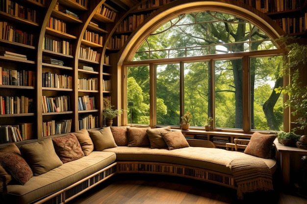 a room with a couch and a bookcase with a large window that says " the library ".