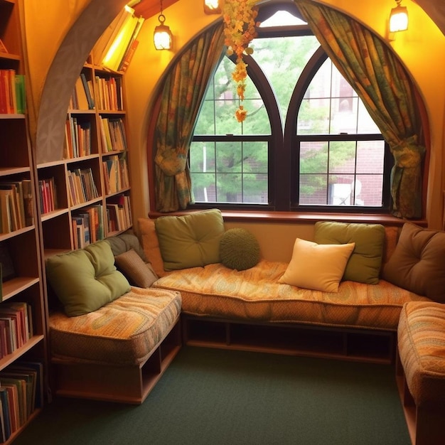 a room with a couch and a bookcase with a window that says " the name ".