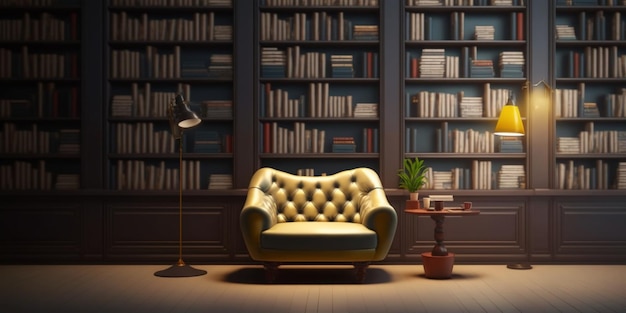 A room with a couch and a bookcase