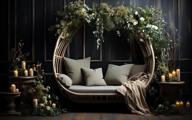 a room with a couch and a chair with a wreath on the wall