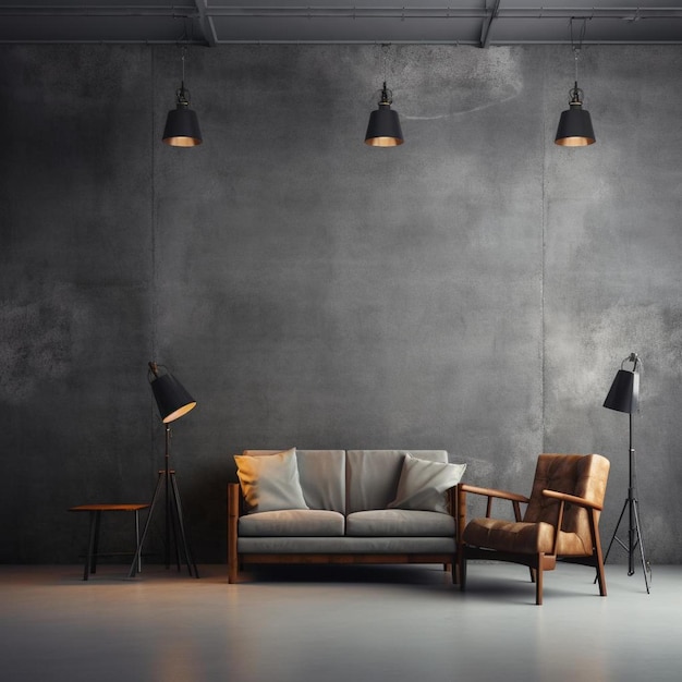 Photo a room with a couch and a lamp on the wall