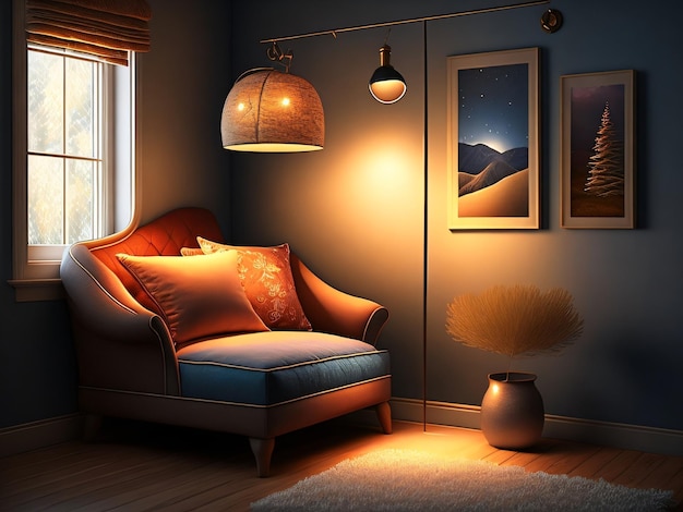 A room with a couch and a lamp