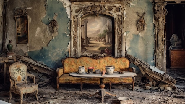 A room with a couch and a painting on the wall