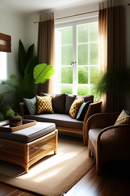 A room with a couch and a plant